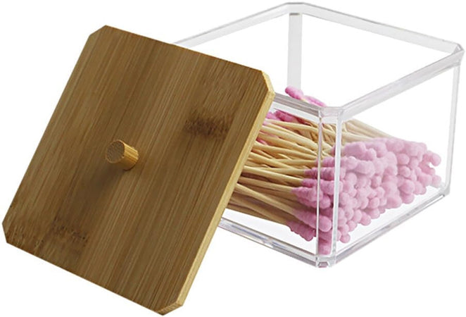 Contenitore Organizer Cosmetici Toeletta Quadrato Trasparente Con Coperchio In Legno 10826