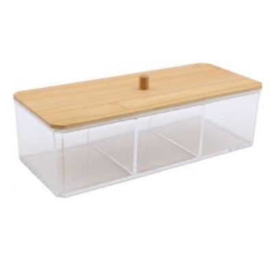 Contenitore Organizer Per Cosmetici A 3 Scomparti Trasparente Con Coperchio In Legno 10827