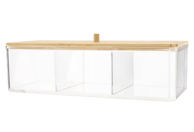 Contenitore Organizer Per Cosmetici A 3 Scomparti Trasparente Con Coperchio In Legno 10827