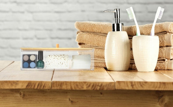 Contenitore Organizer Per Cosmetici A 3 Scomparti Trasparente Con Coperchio In Legno 10827