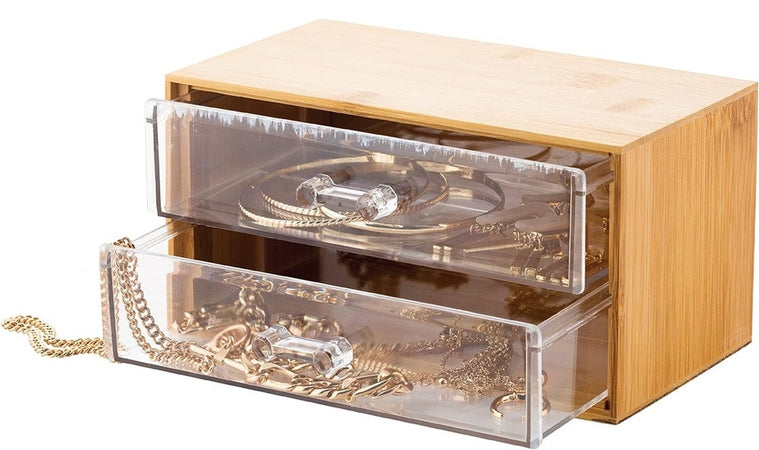 Porta Gioielli Cosmetici Con 2 Cassetti Organizzatore Casa In Legno 19x11.7x9.6 Cm 10829