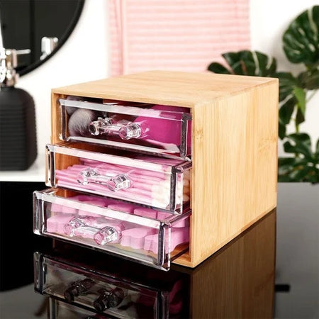 Porta Gioielli Cosmetici Con 3 Cassetti Organizzatore Casa In Legno 12.3x15.3x11 Cm 10830