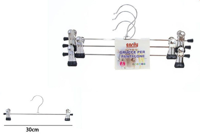 Set 3pz Grucce Per Pantaloni Gonne In Acciaio 30cm Appendiabiti Vestiti Con Clip 79334