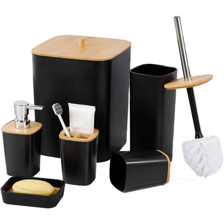Set Accessori Bagno In Bambù 6pz Moderno Neri Bidone Spazzatura Portasapone Dispenser