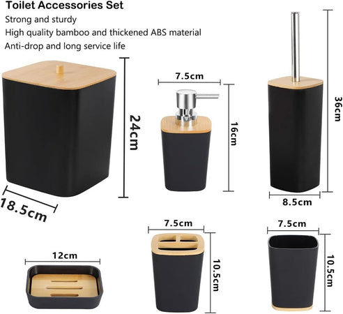 Set Accessori Bagno In Bambù 6pz Moderno Neri Bidone Spazzatura Portasapone Dispenser