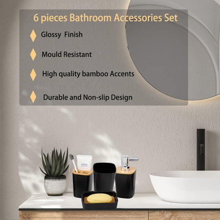 Set Accessori Bagno In Bambù 6pz Moderno Neri Bidone Spazzatura Portasapone Dispenser