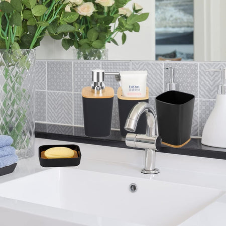 Set Accessori Bagno In Bambù 6pz Moderno Neri Bidone Spazzatura Portasapone Dispenser