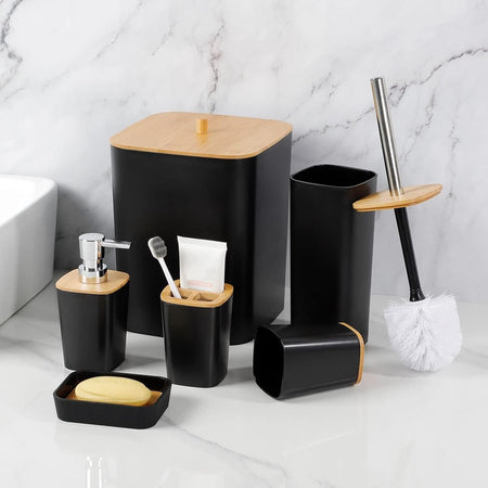 Set Accessori Bagno In Bambù 6pz Moderno Neri Bidone Spazzatura Portasapone Dispenser