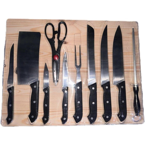 Set 11pz Con Coltello Da Pane Cucina Carne Versatile Tagliere In Legno Forbici Forchetta