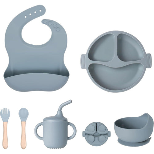 Set Pappa Svezzamento Bambini 6pz Piatto Con Ventosa Ciotola Cucchiaio Bavaglino Tazza