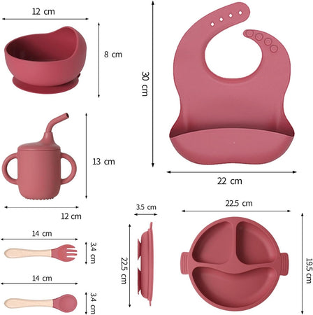 Set Pappa Svezzamento Bambini 6pz Piatto Con Ventosa Ciotola Cucchiaio Bavaglino Tazza