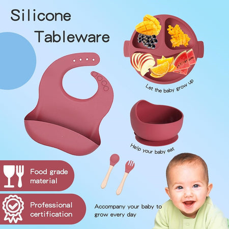 Set Pappa Svezzamento Bambini 6pz Piatto Con Ventosa Ciotola Cucchiaio Bavaglino Tazza