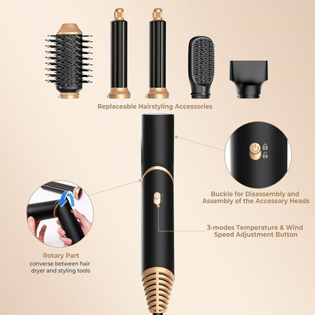 Air Styler 5in1 Spazzola Capelli Ad Aria Calda Asciugacapelli Liscio Onde Ricci Multifunzione