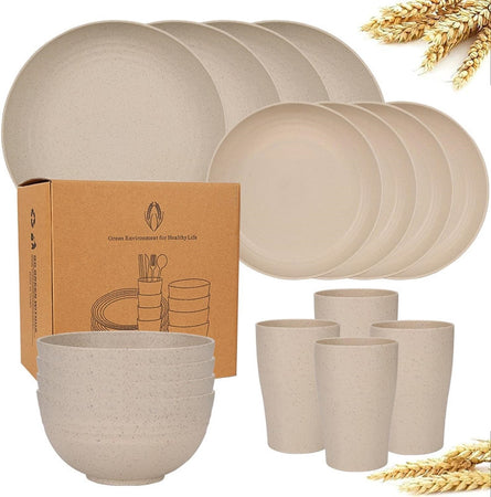 Set Da 16pz Stoviglie In Paglia Di Grano Ciotole Piatti Infrangibili Posate Riutilizzabili