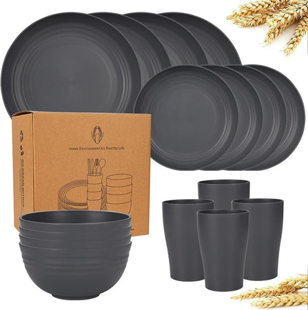 Set Da 16pz Stoviglie In Paglia Di Grano Ciotole Piatti Infrangibili Posate Riutilizzabili