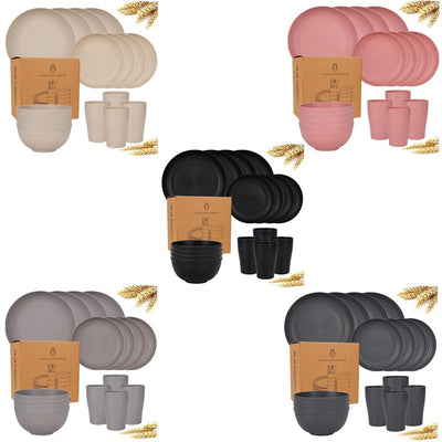 Set Da 16pz Stoviglie In Paglia Di Grano Ciotole Piatti Infrangibili Posate Riutilizzabili