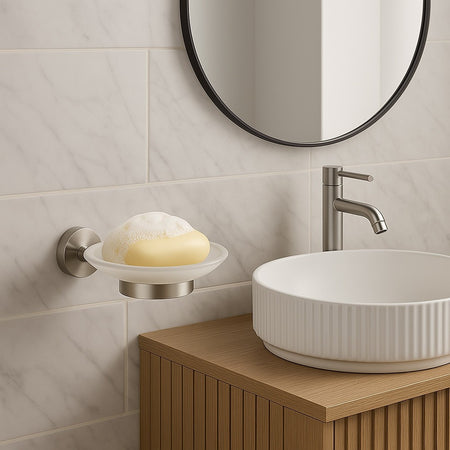 Porta Sapone In Acciaio Satinato Con Piattino Vetro Satinato Accessori Da Bagno 87905