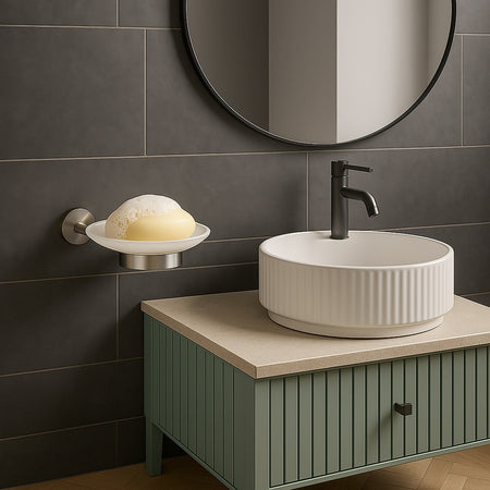 Porta Sapone In Acciaio Satinato Con Piattino Vetro Satinato Accessori Da Bagno 87905
