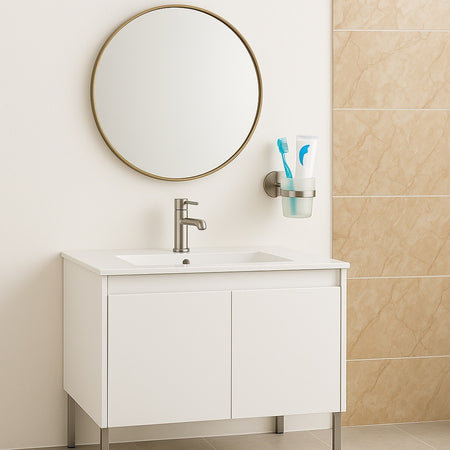 Porta Spazzolini Da Denti In Acciaio Satinato Con Bicchiere Vetro Satinato Bagno 87906