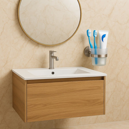 Porta Spazzolini Da Denti In Acciaio Satinato Con Bicchiere Vetro Satinato Bagno 87906