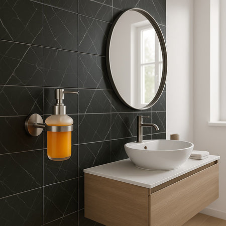 Dispenser Porta Sapone Per Sapone Liquido In Acciaio Satinato Vetro Accessorio Bagno 87907