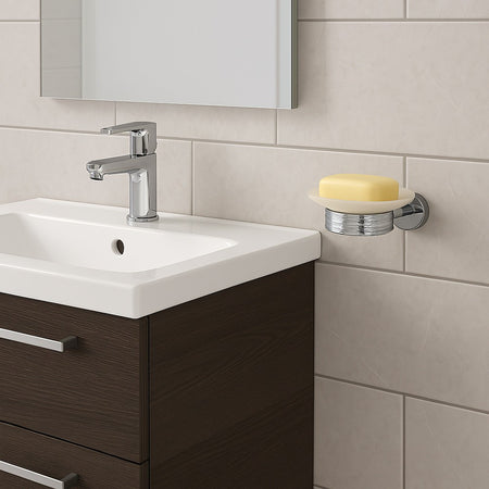 Porta Sapone In Acciaio Lucido Con Piattino Vetro Satinato Accessori Da Bagno 87916