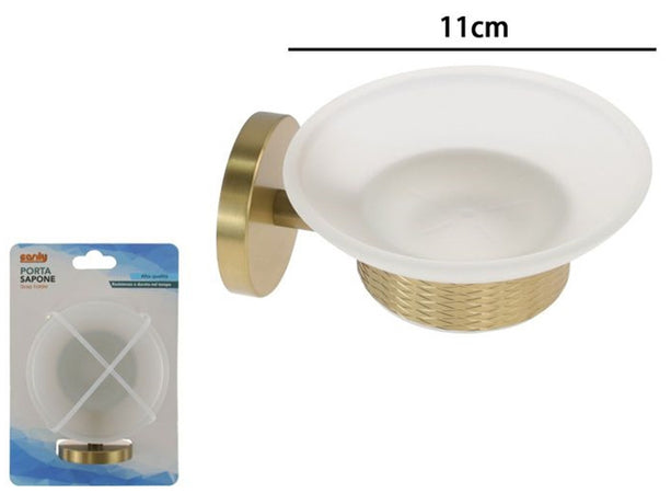 Porta Sapone In Acciaio Oro Con Piattino Vetro Satinato Accessorio Da Bagno 87927