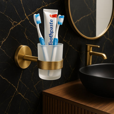 Porta Spazzolini Da Denti In Acciaio Oro Con Bicchiere Vetro Satinato Bagno 87928