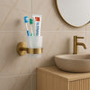 Porta Spazzolini Da Denti In Acciaio Oro Con Bicchiere Vetro Satinato Bagno 87928