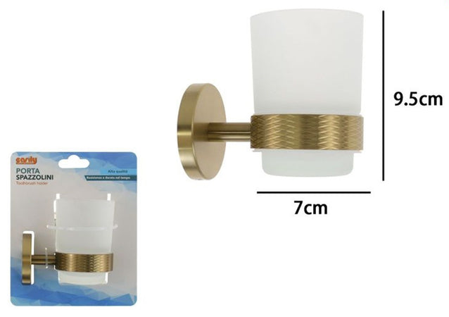 Porta Spazzolini Da Denti In Acciaio Oro Con Bicchiere Vetro Satinato Bagno 87928