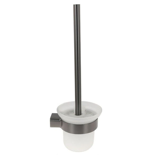 Porta Scopino Con Bicchiere Vetro Satinato A Parete Stilizzato Acciaio Grigio Bagno 87945