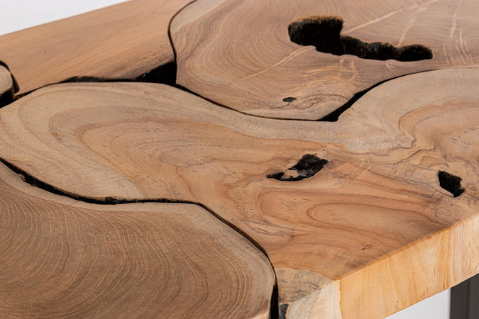 Consolle "Elwood" con piano in radici di teak originali, 120 x 40 x 75h cm