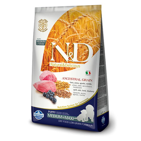 Farmina N&D Ancestral Grain mangime secco Puppy Medium Maxi agnello e mirtillo
