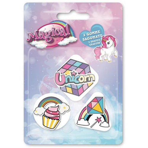 Kit Gomme Per Cancellare 3pz Sagomate Tema Magico Unicorno Cancelleria Bambine Scuola 735768