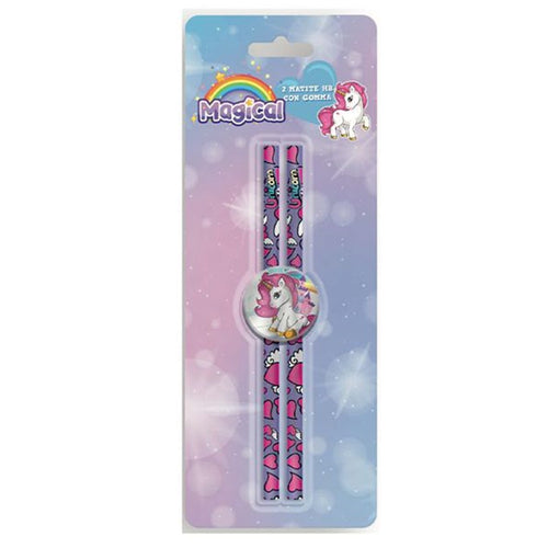 Set 2pz Matite Hb Con Gomma Rotonda Grafica Magico Unicorno Cancelleria Bambine 737908