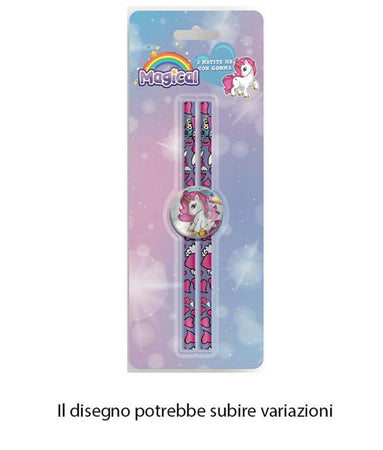 Set 2pz Matite Hb Con Gomma Rotonda Grafica Magico Unicorno Cancelleria Bambine 737908