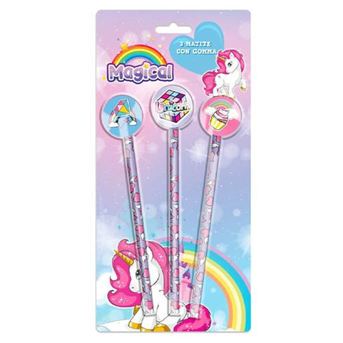 Set 3pz Matite Con Gomma Tema Magico Unicorno Accessori Disegno Scuola Bambine 735706