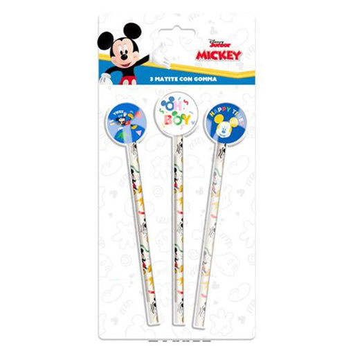 Set 3 Pz Matite Con Gomma Tema Topolino Accessori Per Disegno Scuola Bambini 955470