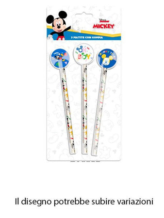 Set 3 Pz Matite Con Gomma Tema Topolino Accessori Per Disegno Scuola Bambini 955470