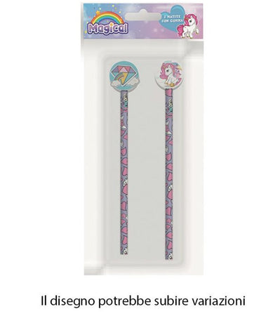 Kit 2pz Matite Con Gomma Rotonda Grafica Magico Unicorno Per Disegno Scuola Bambine 737922