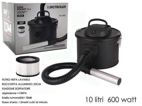 Aspiracenere Professionale Doppia Funzione Soffiatore Filtro Hepa Lavabile 600w 10lt