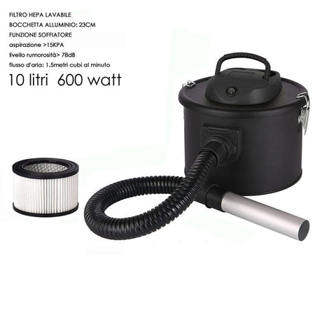Aspiracenere Professionale Doppia Funzione Soffiatore Filtro Hepa Lavabile 600w 10lt