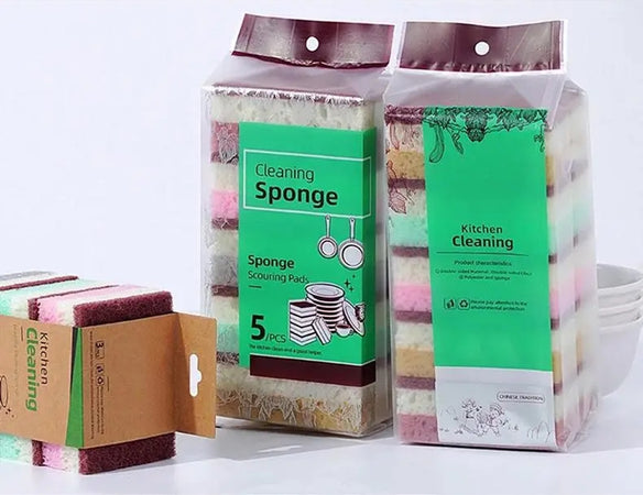 Set 5pz Spugna Double Face Abrasiva Magica Per Lavare Piatti Padelle Pulizia Cucina Bagno