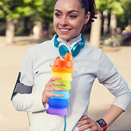 Borraccia Pieghevole Arcobaleno In Silicone Portatile Per Scuola Viaggi Campeggio 500ml