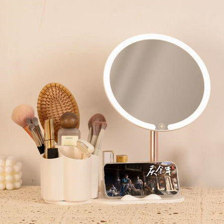 Specchio Trucco Da Tavolo Con Luce Led Contenitore Portaoggetti Girevole Portacellulare