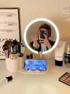 Specchio Trucco Da Tavolo Con Luce Led Contenitore Portaoggetti Girevole Portacellulare