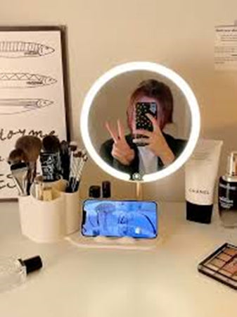 Specchio Trucco Da Tavolo Con Luce Led Contenitore Portaoggetti Girevole Portacellulare