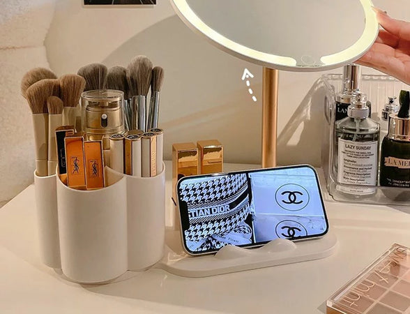 Specchio Trucco Da Tavolo Con Luce Led Contenitore Portaoggetti Girevole Portacellulare