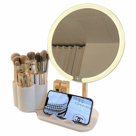 Specchio Trucco Da Tavolo Con Luce Led Contenitore Portaoggetti Girevole Portacellulare