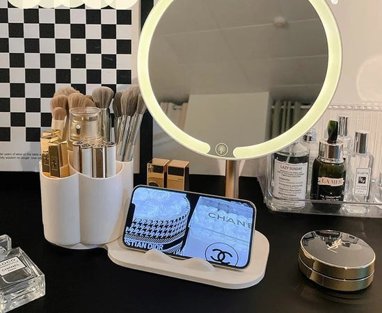 Specchio Trucco Da Tavolo Con Luce Led Contenitore Portaoggetti Girevole Portacellulare